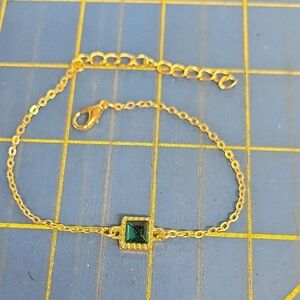 Gold Tone 7" + 2" Extension Bracelet with Green Gemstone